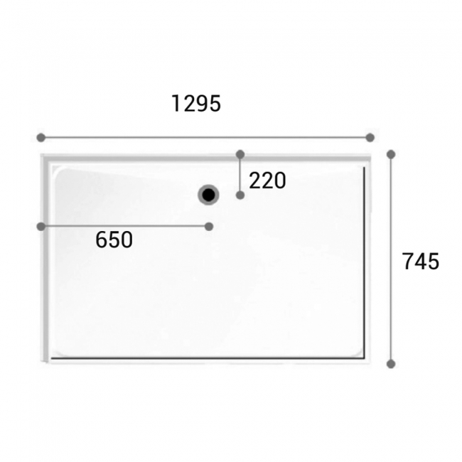 AKW Swift Level Access Rectangular Shower Tray 1295mm x 745mm Right Handed (for Tiled Floors)  | Dimension Image