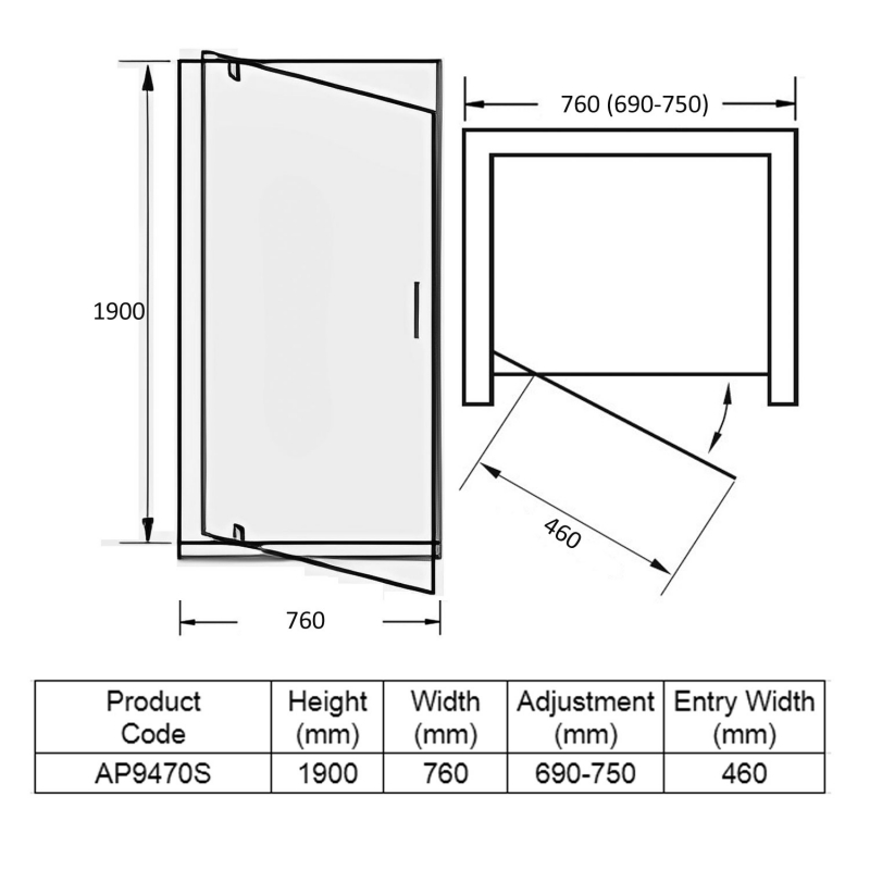 April Identiti Pivot Shower Door 760mm Wide - 8mm Glass