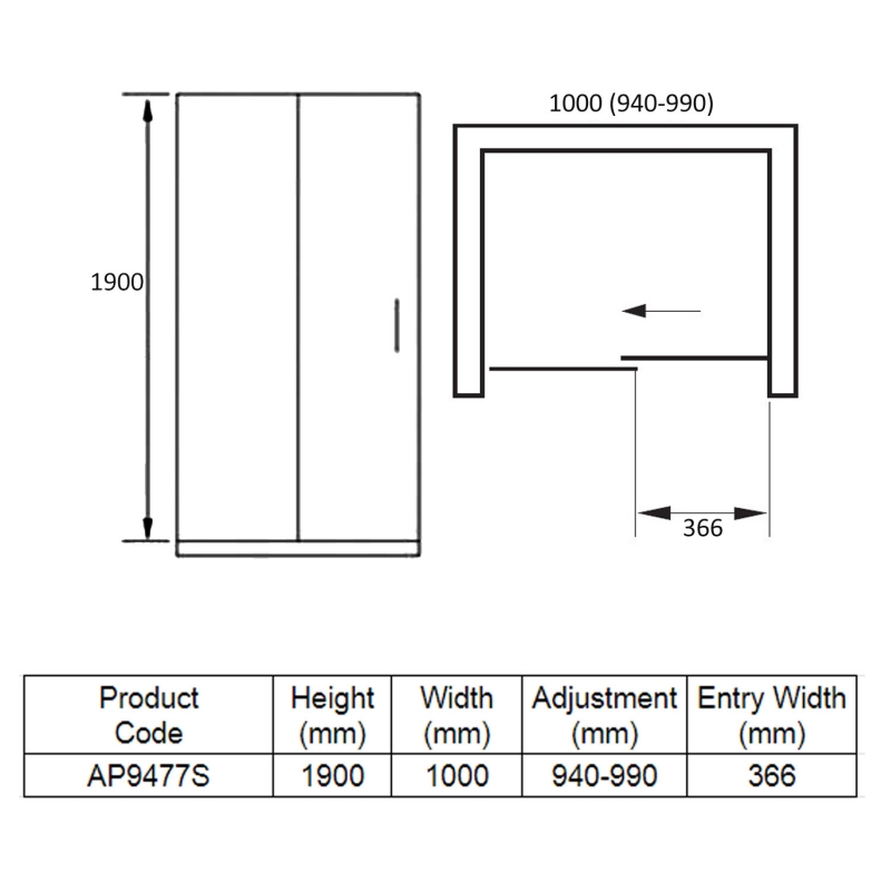 April Identiti Sliding Shower Door 1000mm Wide - 8mm Glass