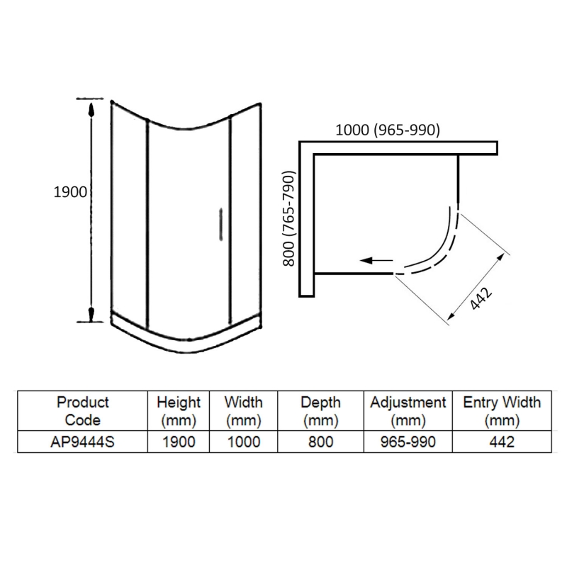 April Identiti 1-Door Offset Quadrant Shower Enclosure 1000mm x 800mm - 8mm Glass