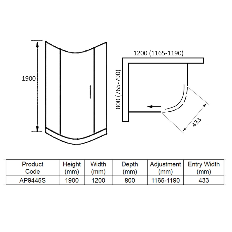 April Identiti 1-Door Offset Quadrant Shower Enclosure 1200mm x 800mm - 8mm Glass