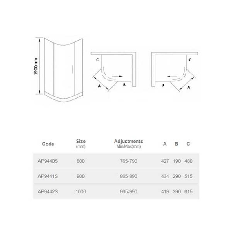 April Identiti Single Quadrant Shower Enclosure 1000mm x 1000mm - 8mm Glass