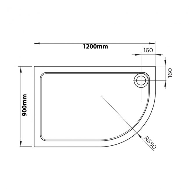 April Stone Resin White Offset Quadrant Shower Tray 1200mm x 900mm Right Handed  | Dimension Image
