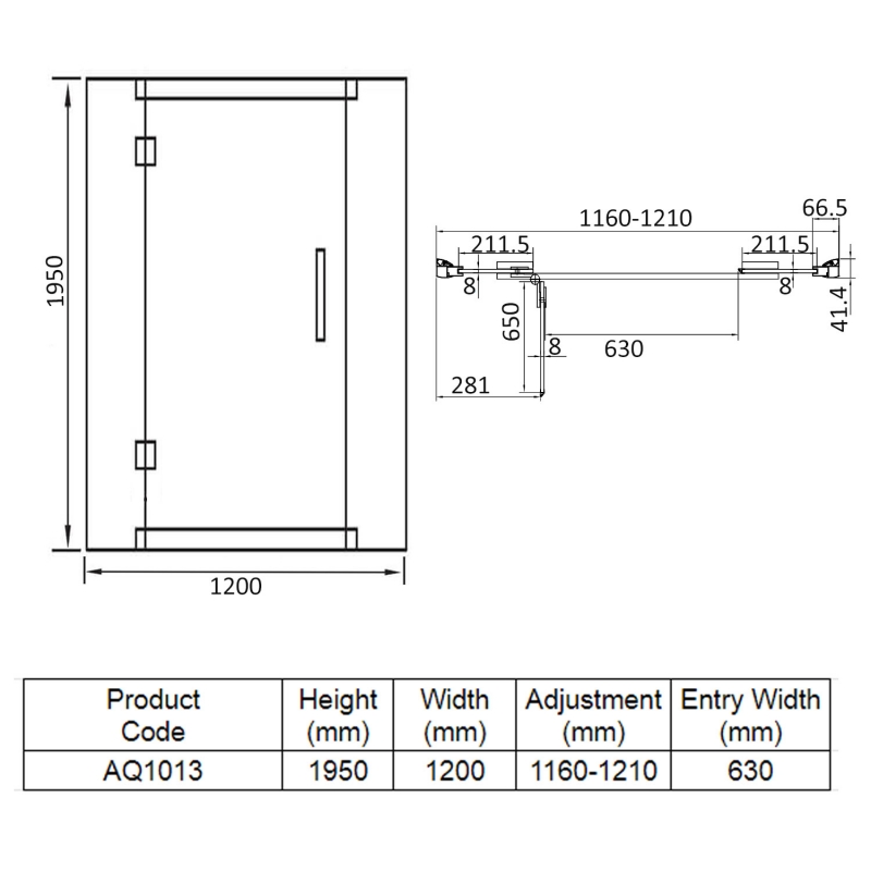 Aquadart Inline Hinged Recess Shower Door 1200mm Wide - 8mm Glass