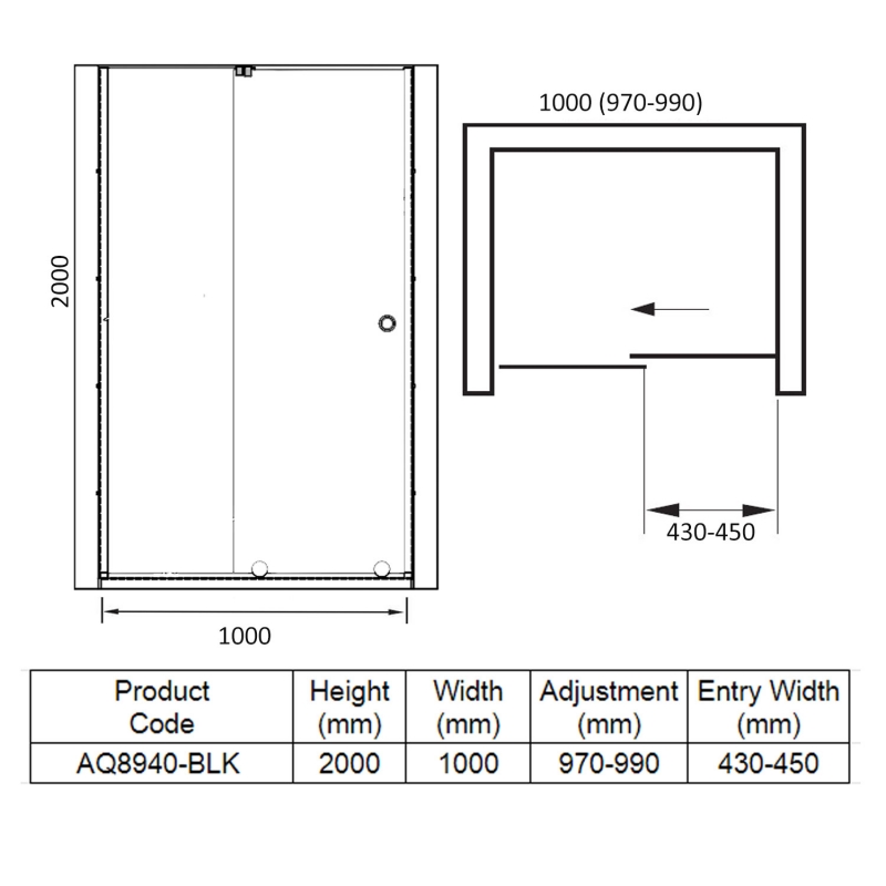 Aquadart Rolla 8 Black Sliding Shower Door 1000mm Wide - 8mm Glass