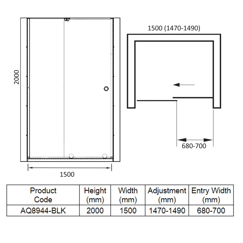 Aquadart Rolla 8 Black Sliding Shower Door 1500mm Wide - 8mm Glass