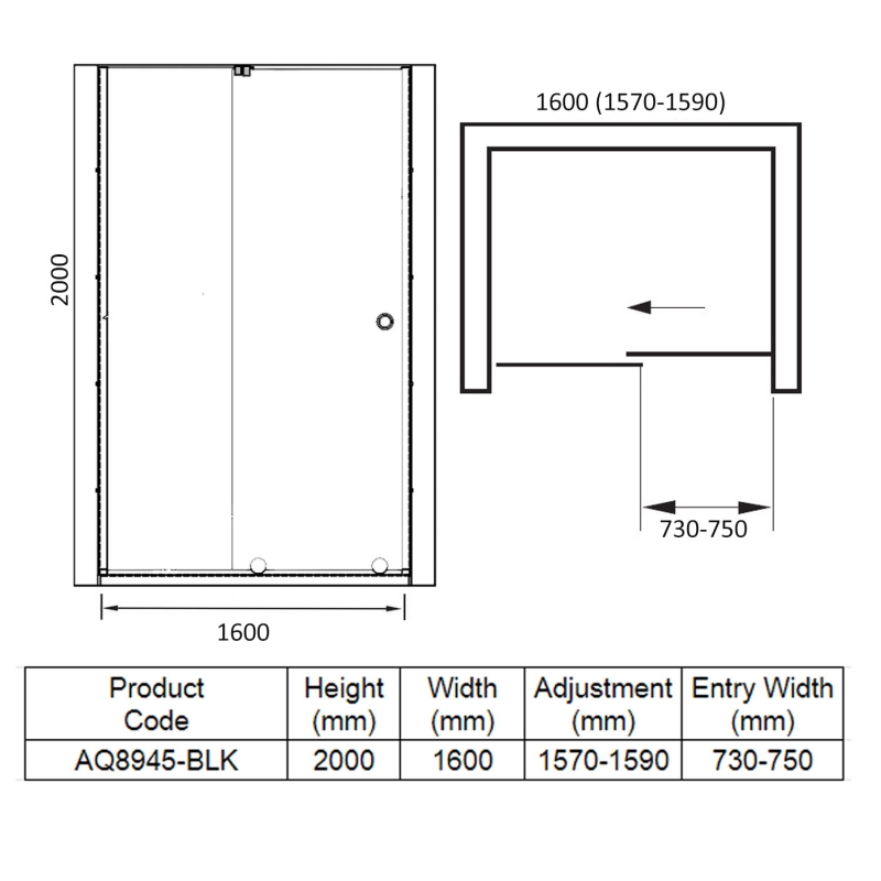 Aquadart Rolla 8 Black Sliding Shower Door 1600mm Wide - 8mm Glass