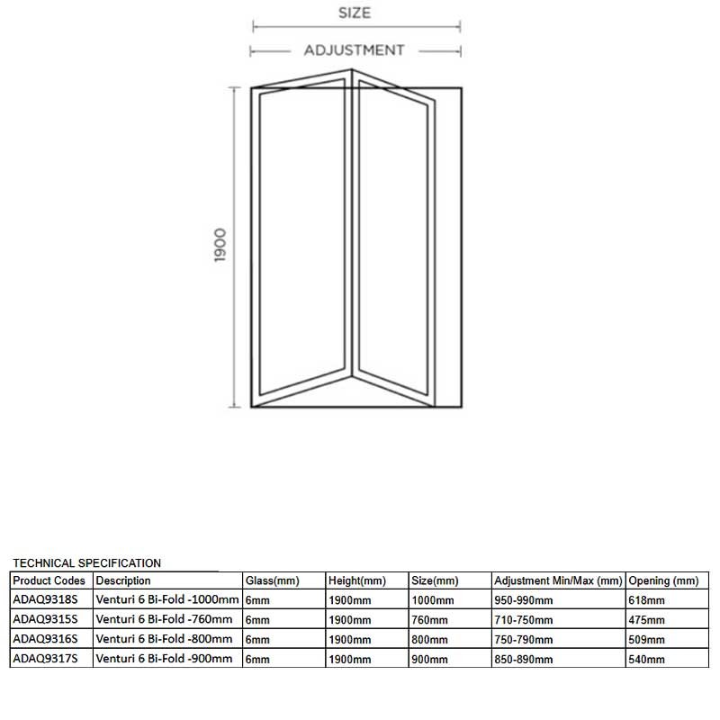 Aquadart Venturi 6 Bi-Fold Shower Door 900mm Wide - 6mm Glass