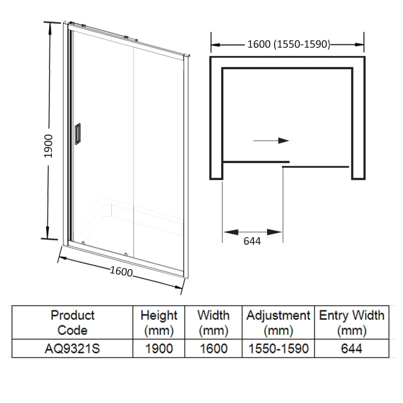 Aquadart Venturi 6 Sliding Shower Door 1600mm Wide - 6mm Glass