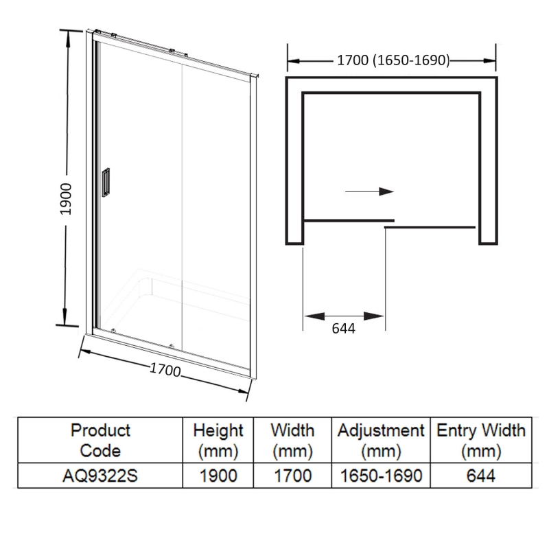 Aquadart Venturi 6 Sliding Shower Door 1700mm Wide - 6mm Glass