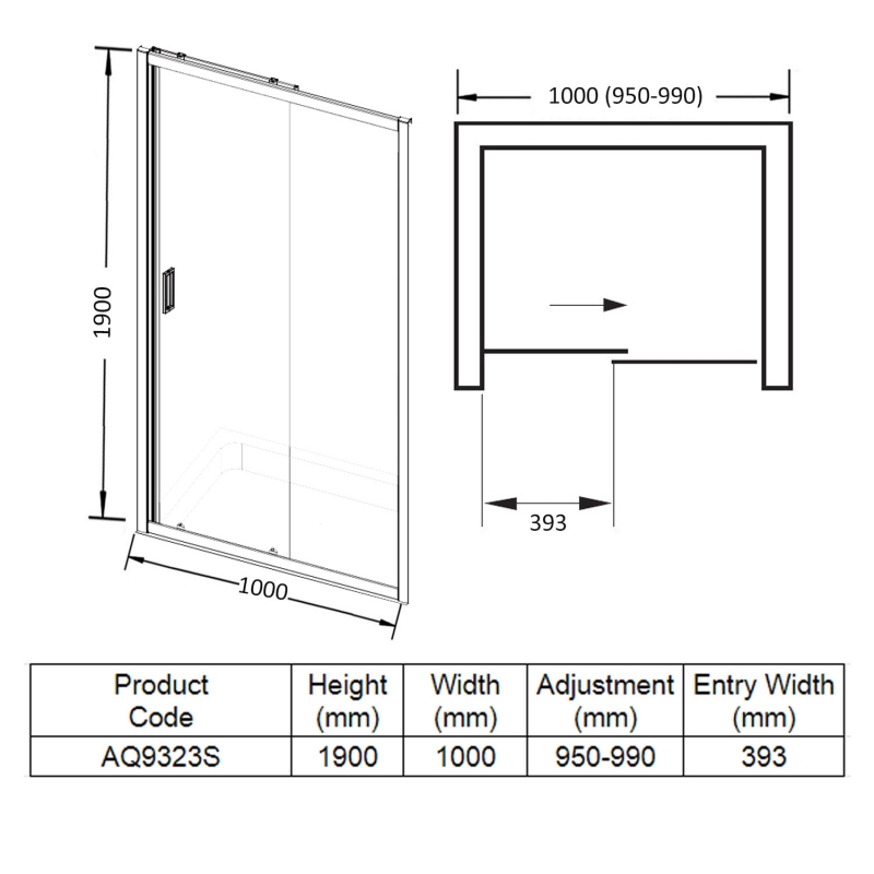Aquadart Venturi 6 Sliding Shower Door 1000mm Wide - 6mm Glass