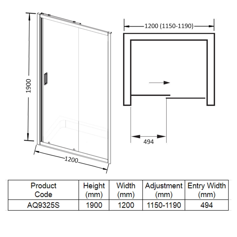 Aquadart Venturi 6 Sliding Shower Door 1200mm Wide - 6mm Glass