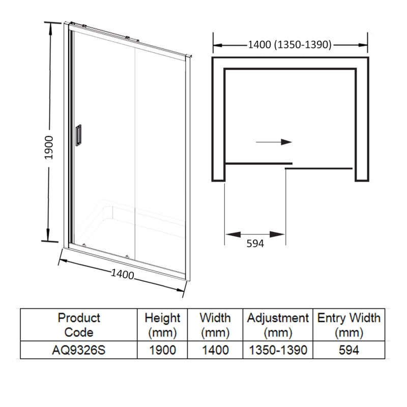 Aquadart Venturi 6 Sliding Shower Door 1400mm Wide - 6mm Glass