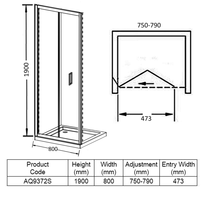 Aquadart Venturi 6 Frameless Bi-Fold Shower Door 800mm Wide - 6mm Glass