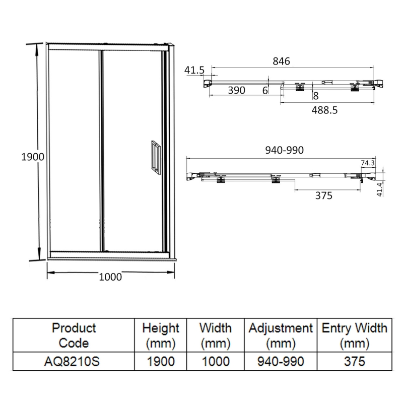 Aquadart Venturi 8 Sliding Shower Door 1000mm Wide - 8mm Glass