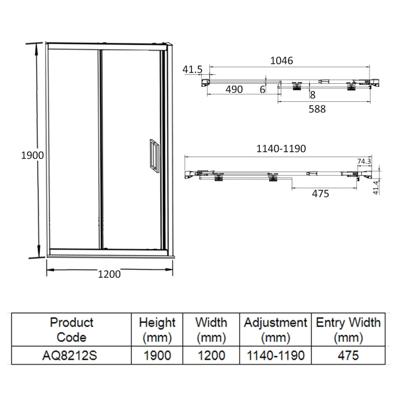 Aquadart Venturi 8 Sliding Shower Door 1200mm Wide - 8mm Glass