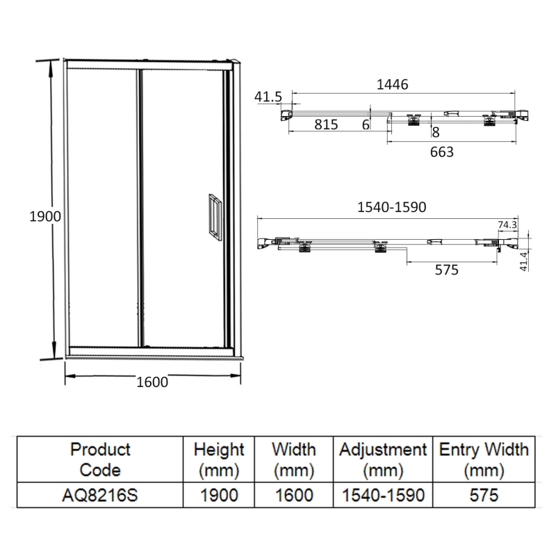 Aquadart Venturi 8 Sliding Shower Door 1600mm Wide - 8mm Glass