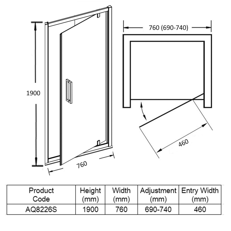 Aquadart Venturi 8 Pivot Shower Door 760mm Wide - 8mm Glass