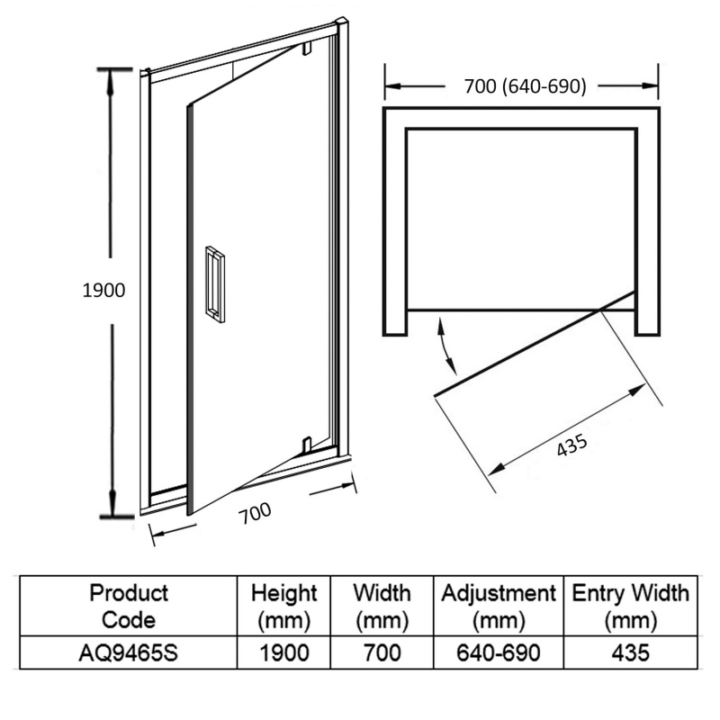 Aquadart Venturi 8 Pivot Shower Door 700mm Wide - 8mm Glass