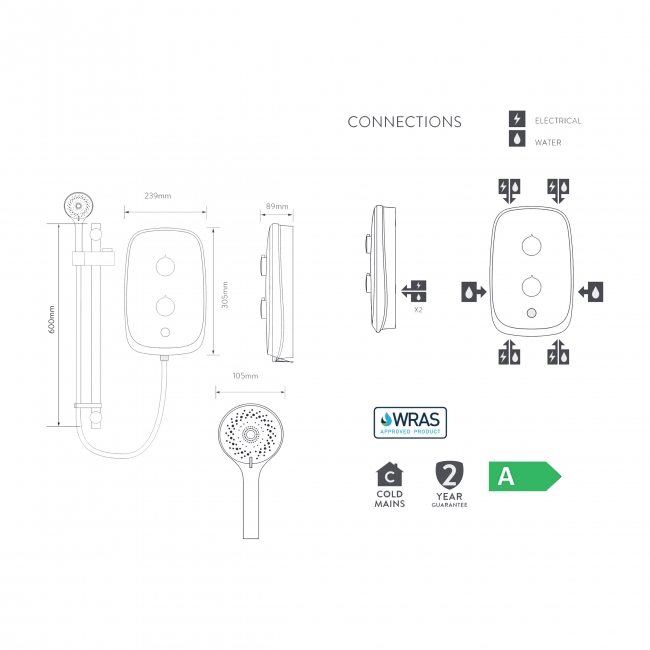 Aqualisa eVOLVE Arctic White Electric Shower with Satin Silver Riser Kit - 8.5kW  | Dimension Image