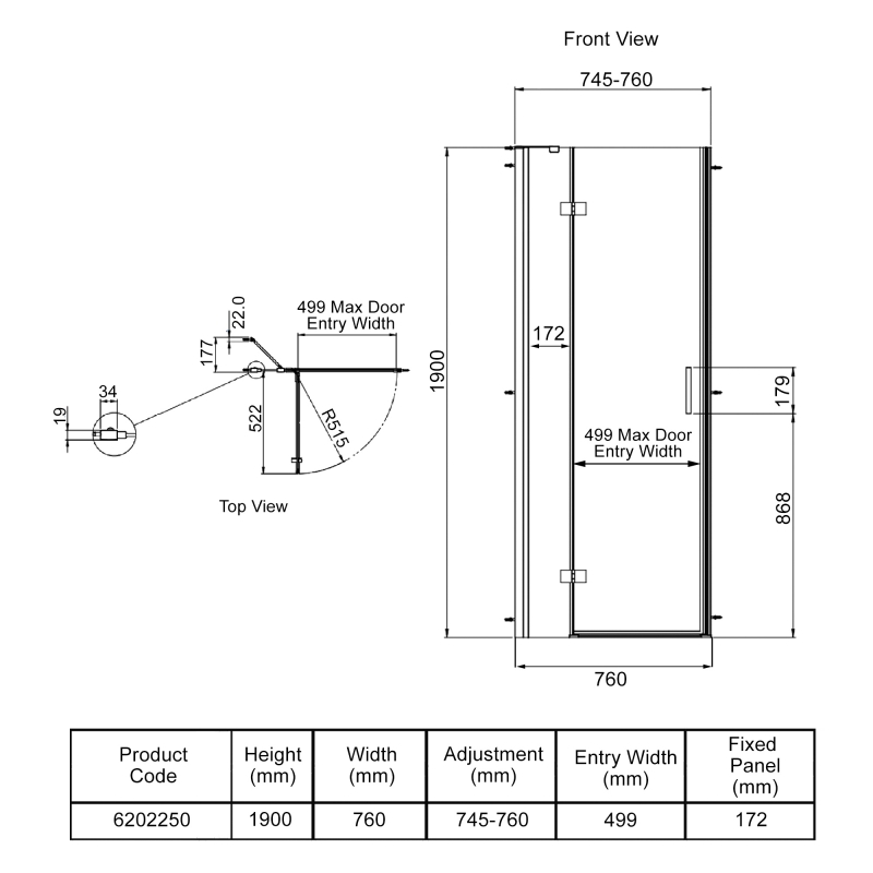 Aqualux Aquarius 6 Hinged Shower Door AL6202250 760mm