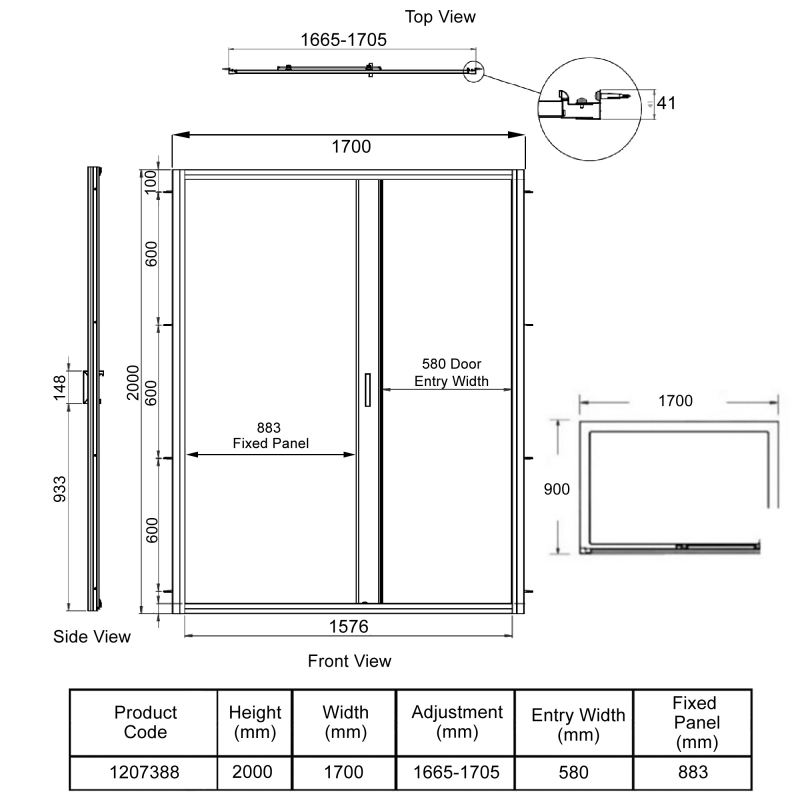 Aqualux Framed 8 Sliding Door Shower Enclosure 1700mm x 900mm with Shower Tray - 8mm Glass