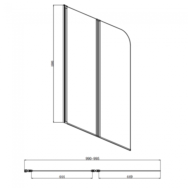 Aqualux Two Panel Folding Bath Screen 1500mm x 1000mm - 5mm Glass