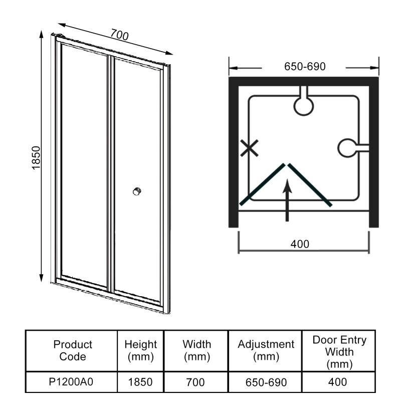 Aquashine Bi-Fold Shower Door 700mm Wide - 6mm Glass