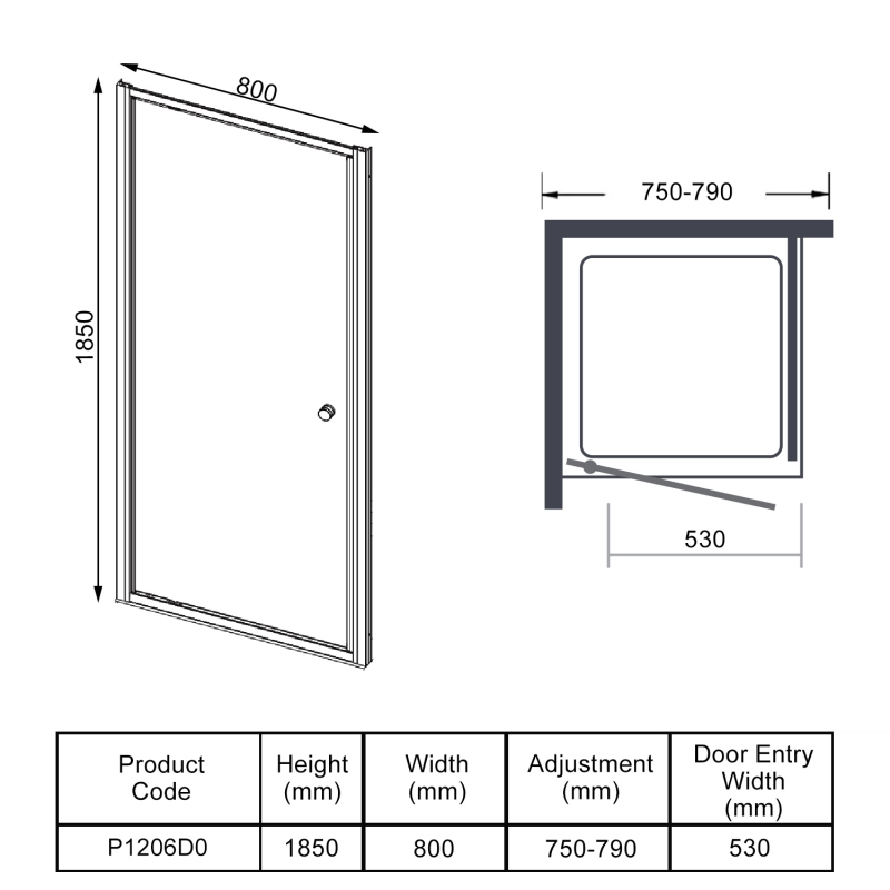 Aquashine Pivot Shower Door 800mm Wide - 6mm Glass  | Dimension Image