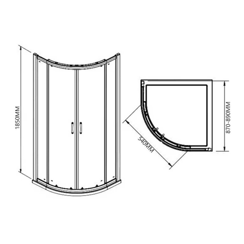 Aquashine Quadrant Shower Enclosure 900mm x 900mm - 6mm Glass  | Dimension Image