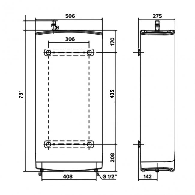 Ariston Velis Pro 45L Unvented Electric Water Heater with Kit 1.5Kw  | Dimension Image