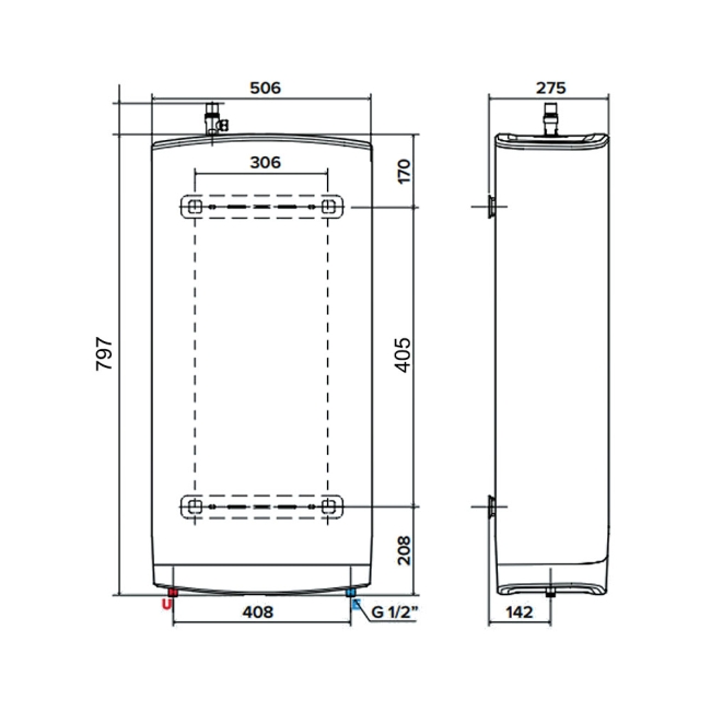 Ariston Velis 45L Tech WIFI Unvented Electric Water Heater with Kit 3Kw  | Dimension Image