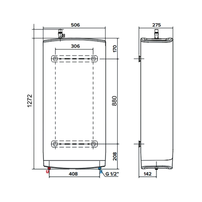Ariston Velis 80L Tech WIFI Unvented Electric Water Heater with Kit 3Kw  | Dimension Image