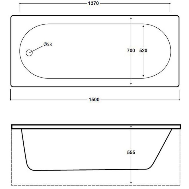 Arley Cascade Premier Rectangular Single Ended Bath 1500mm x 700mm - 0 Tap Hole