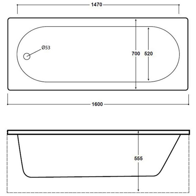 Arley Cascade Rectangular Single Ended Bath 1600mm x 700mm - 0 Tap Hole