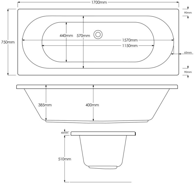 Arley Cronus Rectangular Double Ended Bath 1700mm x 750mm - 0 Tap Hole