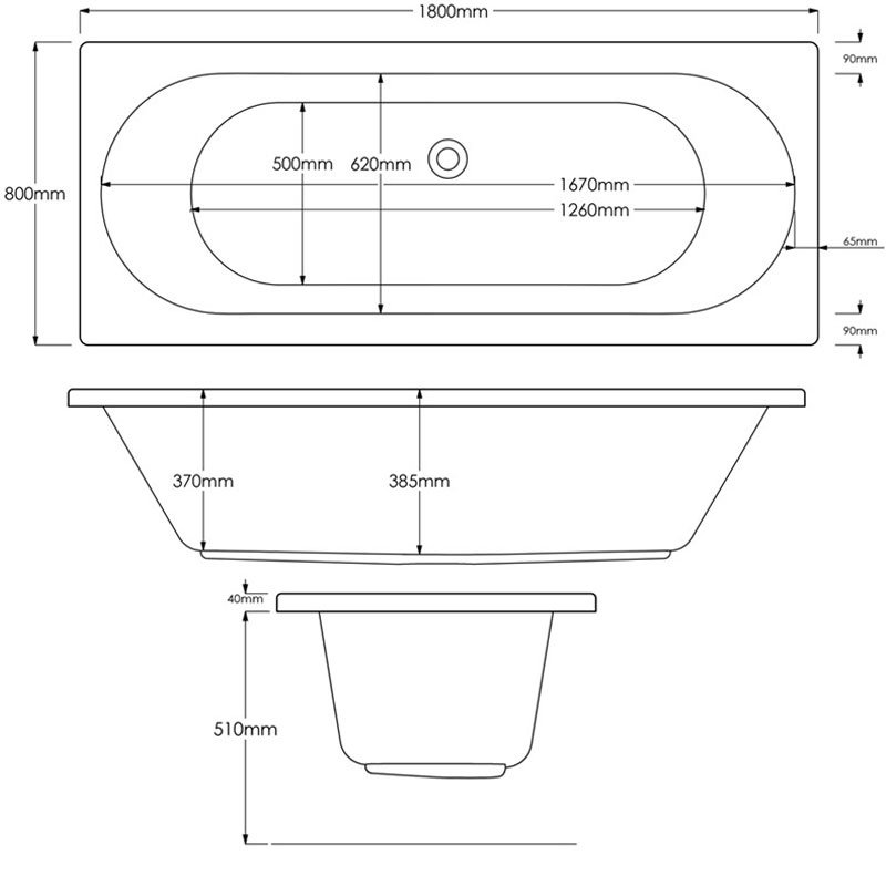 Arley Cronus Rectangular Double Ended Bath 1800mm x 800mm - 0 Tap Hole