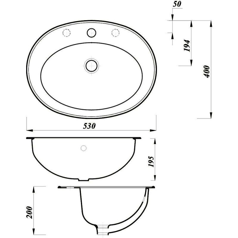 Arley Inset Countertop Basin 530mm Wide - 2 Tap Hole
