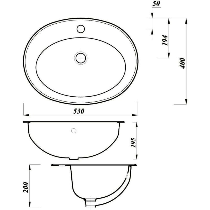 Arley Inset Countertop Basin 530mm Wide - 1 Tap Hole