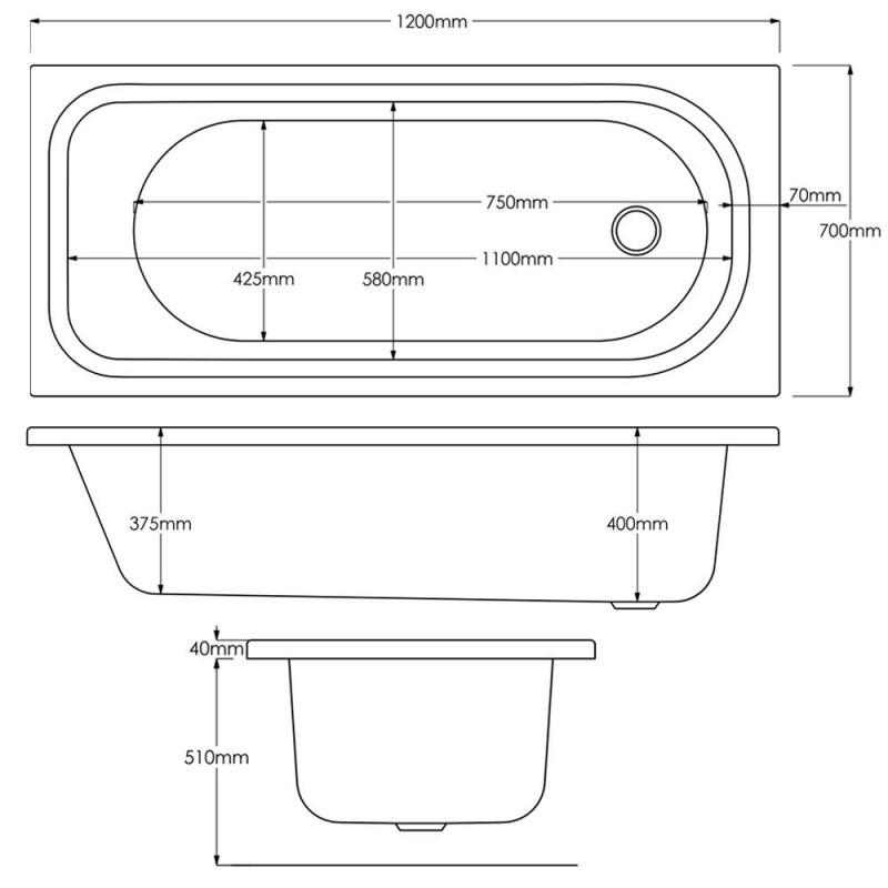 Arley Modern Rectangular Single Ended Bath 1200mm x 700mm - 0 Tap Hole