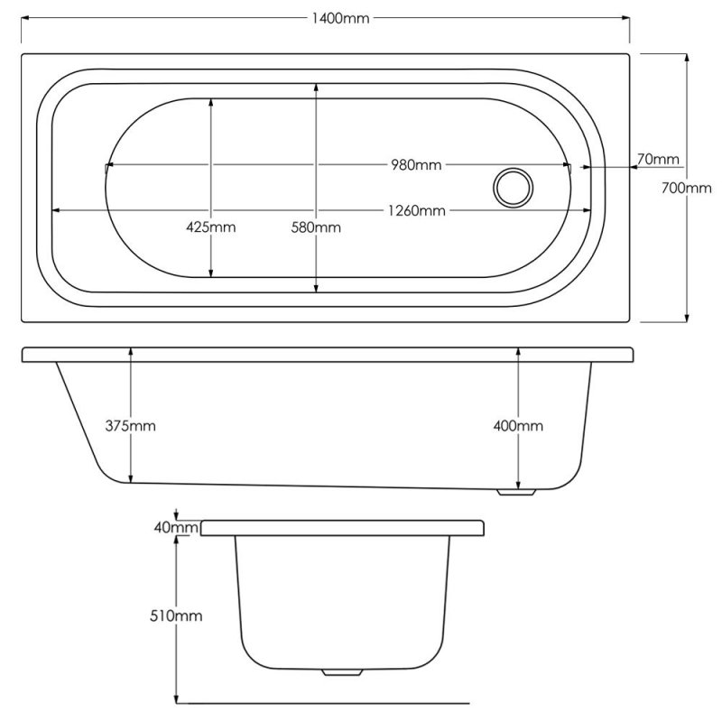 Arley Modern Rectangular Single Ended Bath 1400mm x 700mm - 0 Tap Hole