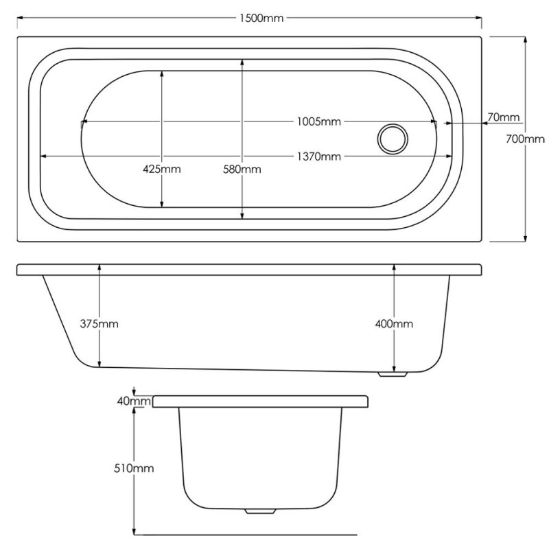 Arley Modern Rectangular Single Ended Bath 1500mm x 700mm - 0 Tap Hole