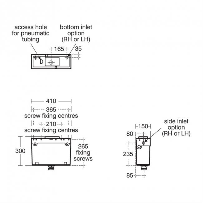 Armitage Shanks Conceala 2 Concealed Cistern and Pneumatic Dual Flush Valve - Bottom Inlet  | Dimension Image