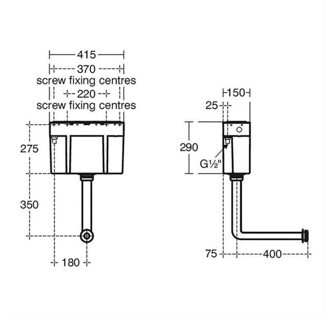 Armitage Shanks Conceala 3 Adjustable Dual Flush Cistern 6/4 Litre  | Dimension Image
