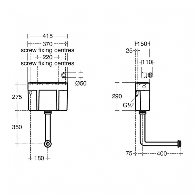 Armitage Shanks Conceala 3 Concealed Dual Flush, Bottom Inlet, Cable Operated Cistern Including Chrome Push Button - Chrome  | Dimension Image