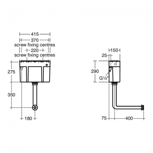 Armitage Shanks Conceala 3 Single Flush Cistern With Bottom/Top Internal Overflow - No Lever  | Dimension Image