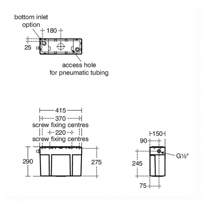 Armitage Shanks Conceala 3 High Level Pneumatic Operated Side Inlet Cistern  | Dimension Image