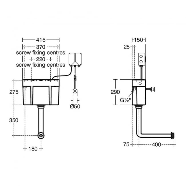 Armitage Shanks Conceala 3 Single Flush Cistern With Panel Mounted Sensor - No Lever  | Dimension Image