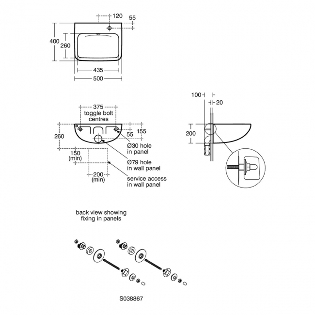 Armitage Shanks Contour 21 Plus Basin with Back Outlet 500mm Wide - 1 RH Tap Hole  | Dimension Image