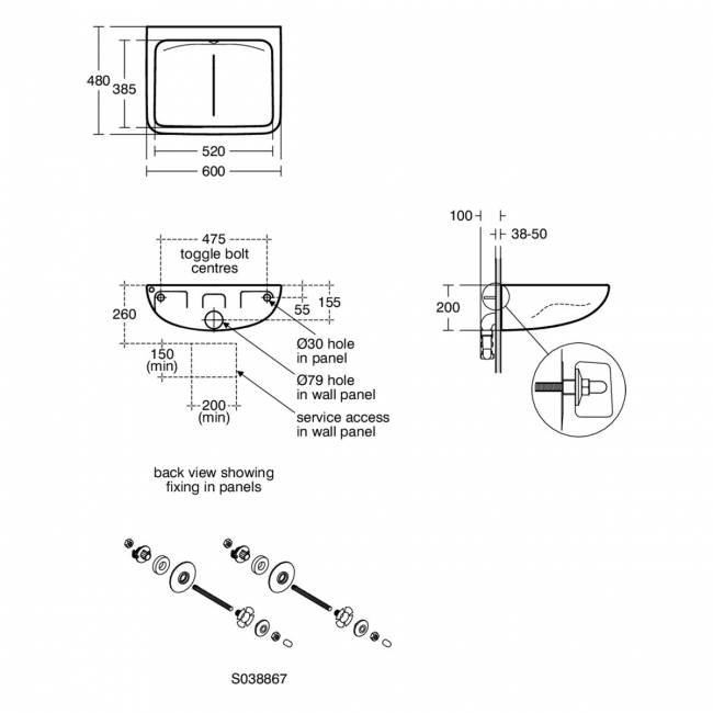 Armitage Shanks Contour 21 Plus Basin with Back Outlet 600mm Wide - 0 Tap Hole